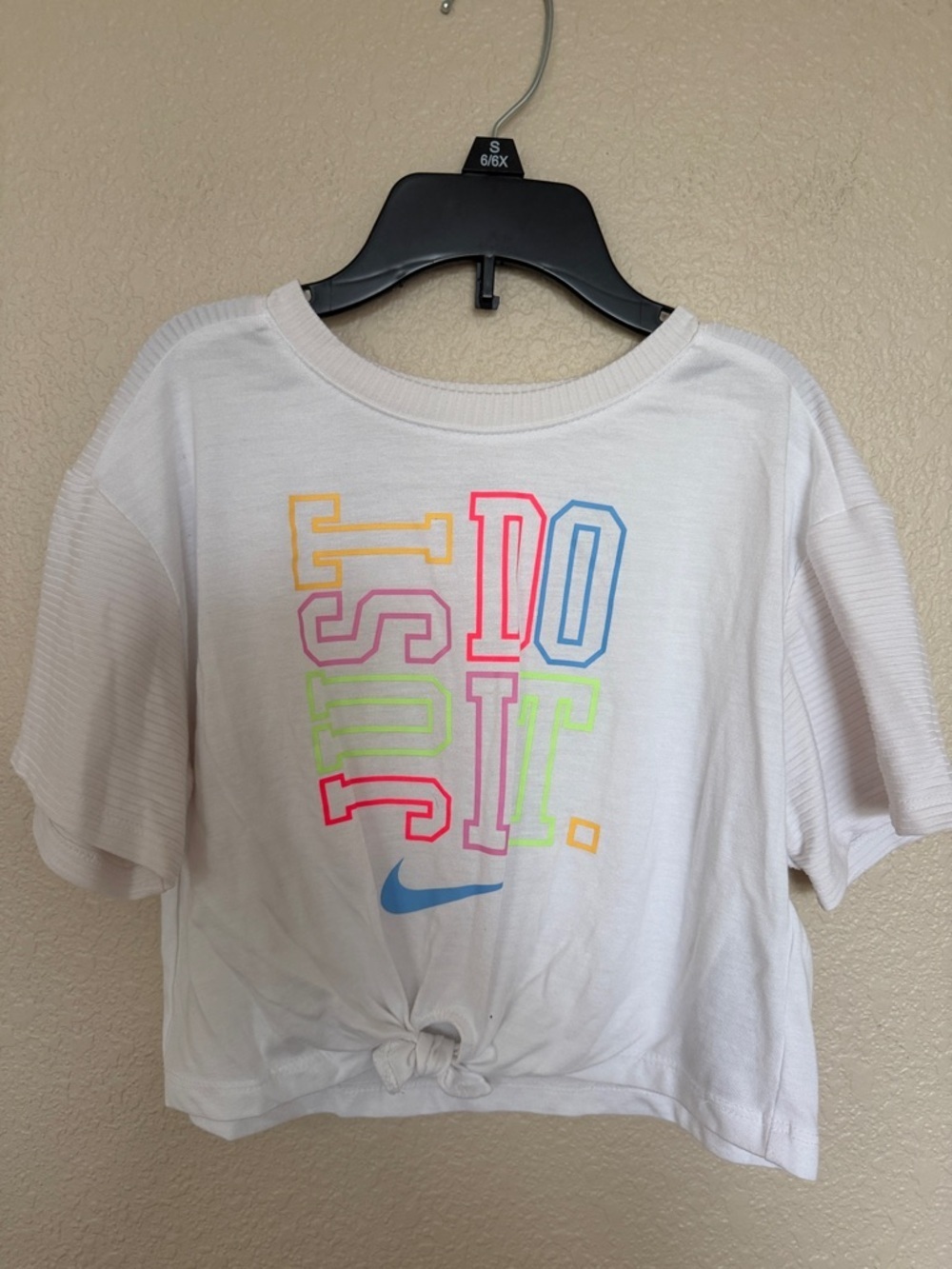 Nike White Cropped Tee with Neon 'Just Do It.' Graphic